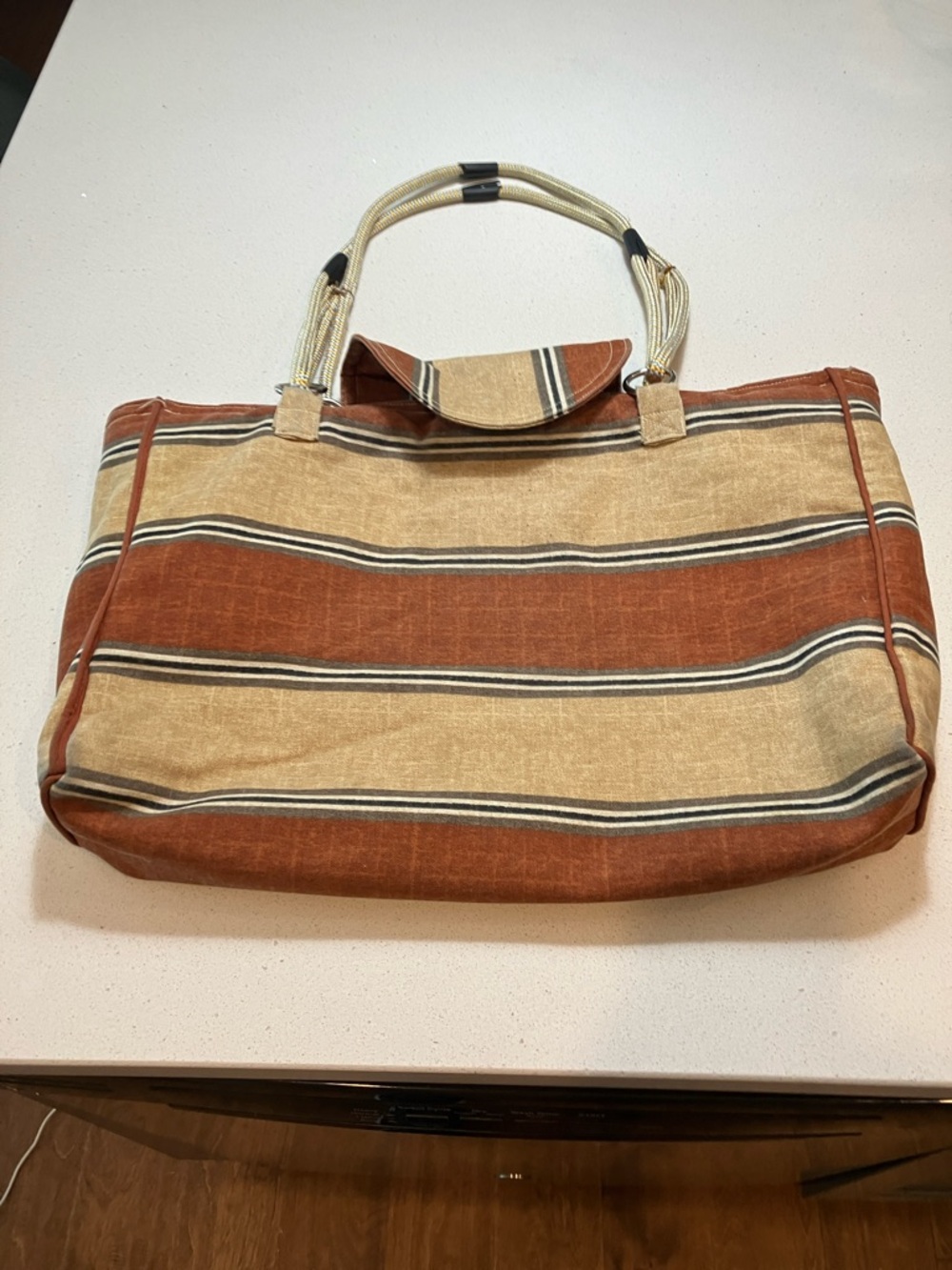 Striped Canvas Tote Bag in Rust and Cream with Rope Handles